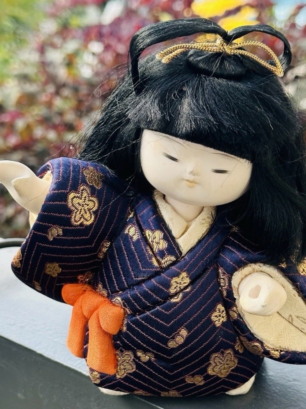 Vtg Hand Made Kimekomi Japanese Doll Silk Flower Kimono Porcelain Head 12 " Tall